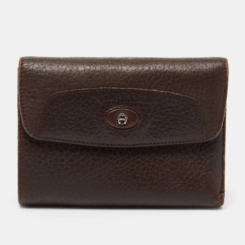 Wallets for minimalist style-Wallets for women with card slots-Aigner Brown Leather Logo Flap Trifold Wallet