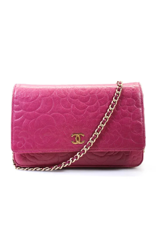 Keychains with personalized design-Wallets with cardholder pockets for easy access-Chanel Womens CC Lambskin Camellia Embossed Wallet On A Chain Fuchsia