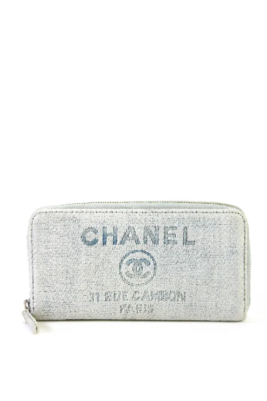 Wallets for stylish design-Wallets for minimalist card and cash holders-Chanel Womens Woven Canvas  Zip Around Continental Deauville Wallet Sky Blue