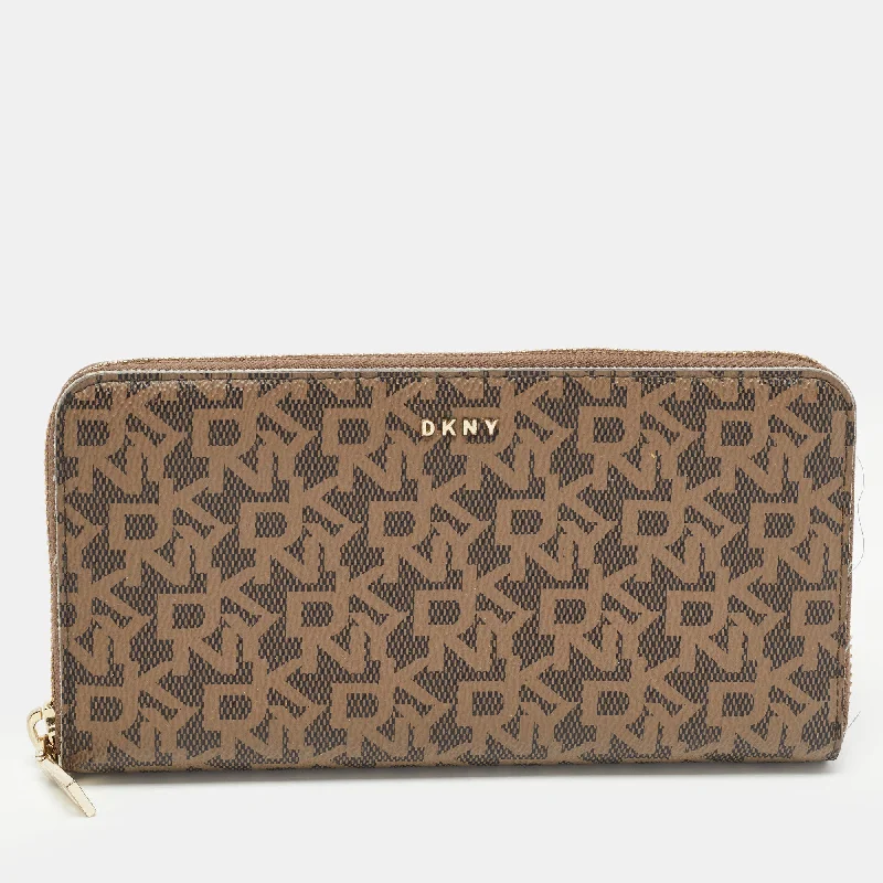 Keychains for travel-Simple wallets for men-Dkny Brown Signature Coated Canvas Zip Around Continental Wallet