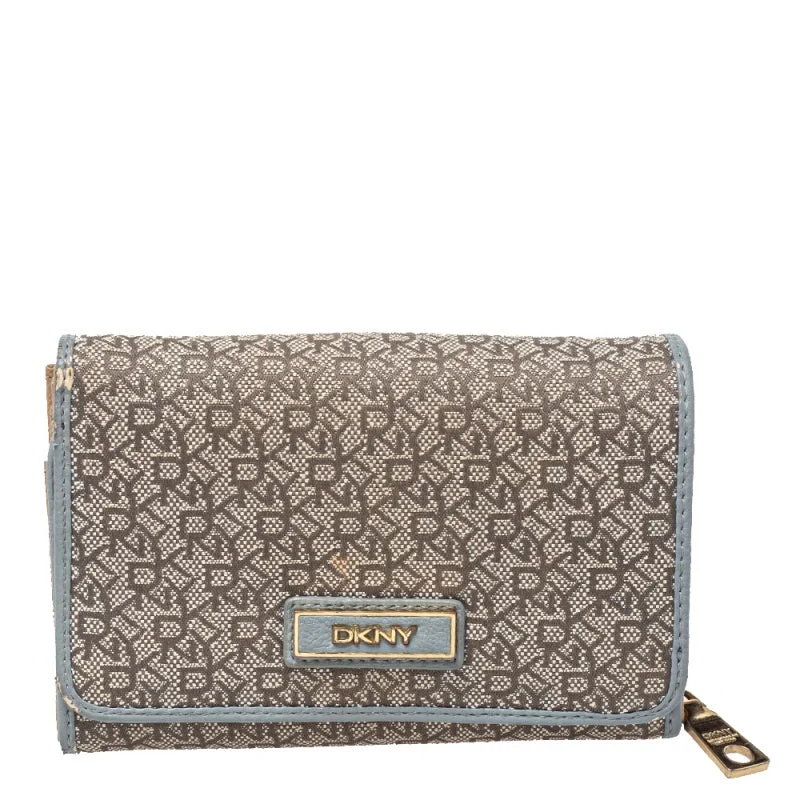 Wallets with soft look-Keychains for gift ideas-Dkny Grey Monogram Canvas And Leather Flap Wallet