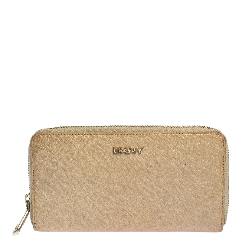 Wallets with compact size-Keychains for car lovers-Dkny Metallic Beige Leather Zip Around Wallet