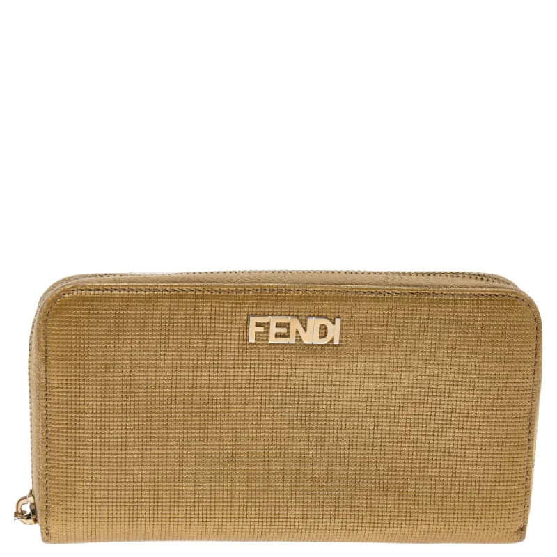 Wallets with money clip-Large wallets for women-Fendi Gold Embossed Leather Zip Around Wallet