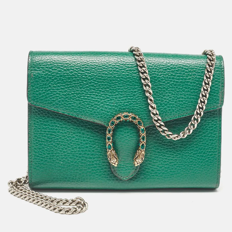 Wallets for gift sets-Women’s wallets with a wrist strap-Gucci Green Leather Dionysus Wallet On Chain..