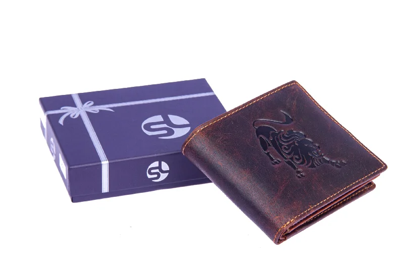 Best men wallets with money holder-designer men wallets -Mens leather wallet with zodiac sign 92957 (Leo) Brown