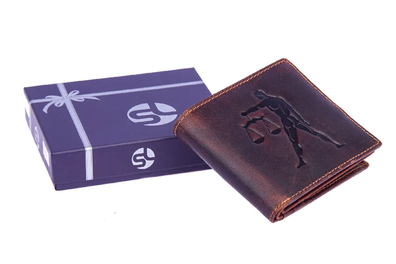 Men wallets with extra stitching-luxury men wallets -Mens leather wallet with zodiac sign 92957 (Libra) Brown