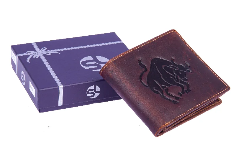 Top men wallets for slim pockets-travel wallets for men -Mens leather wallet with zodiac sign 92957 (Taurus) Brown