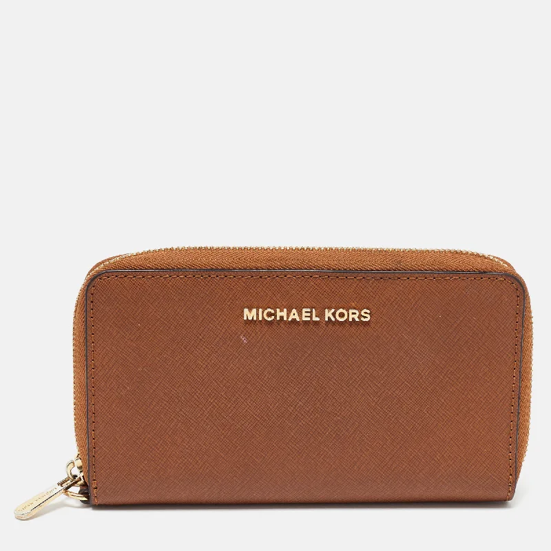 Keychains with logo-Wallets with zipper closure-Michael Kors Brown Leather Logo Zip Around Wallet