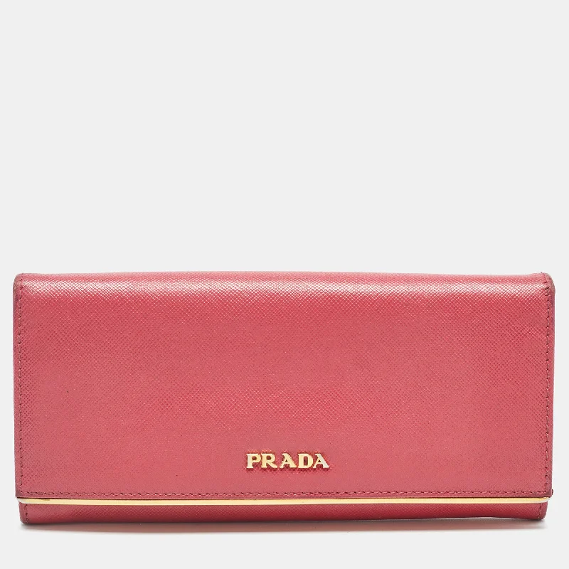 Keychains with custom texture-Money clip wallets for men-Prada Pink Saffiano Leather Metal Flap Continental Wallet