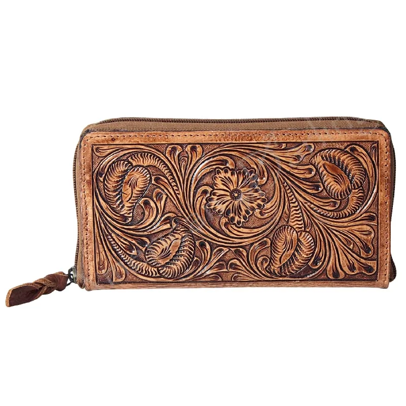 Wallets with durable tag-Slim wallets with built-in money clip-Ranchin' Dream Tooled Leather Zip Wallet In Brown