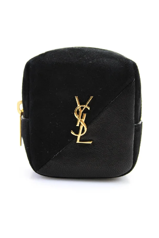 Wallets with slim design-Keychains for travelers with multi-functional features-Saint Laurent Suede Jamie Cube Charm Pouch Bag Black Leather Suede