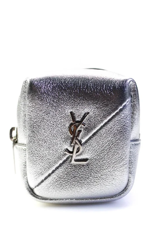 Keychains with sleek design-Personalized wallets with name prints-Saint Laurent Womens Jamie Metallic Leather Cube Charm Pouch Bag Silver