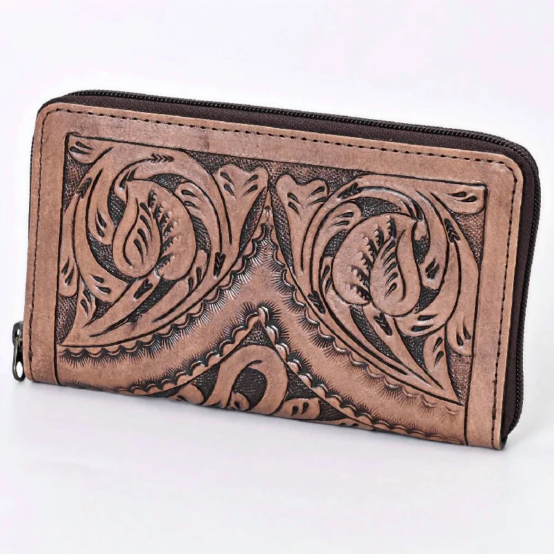 Keychains with leather tag-Keychains with retro style designs-Tanya Tooled Leather Zip Wallet In Brown