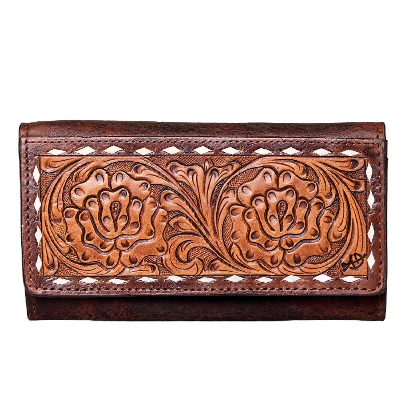 Wallets with minimalist tag-Wallets with multi-functional cardholders-Whitley White Stitch Tri-Fold Tooled Wallet In Brown