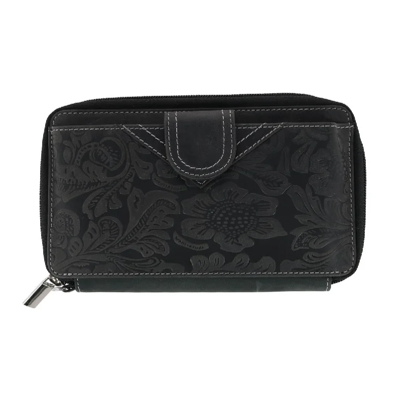 Keychains with bottle opener combo-Wallets for women with mirror-Women's Embossed Floral Tooled Leather Wristlet