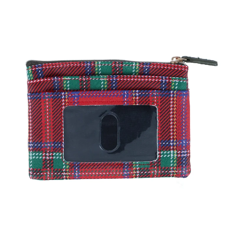 Keychains with engraved design-Wallets with compartments for coins-Women's Tartan Plaid Printed Vegan Leather Large ID Coin Case