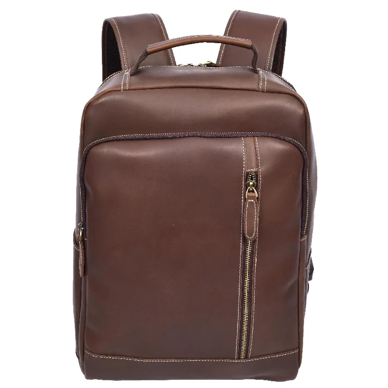 Backpack with adjustable back panel-stylish mini backpack for casual use-Mens Real Leather Backpack Large Size Laptop Travel Rucksack Cliff Brown Hunter