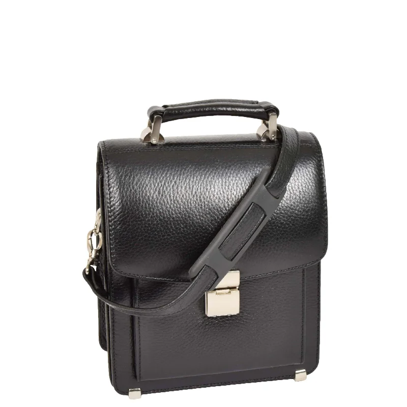 Crossbody chic for men-Mens Real Leather Briefcase Style Crossbody Flight Messenger Bag Drew Black