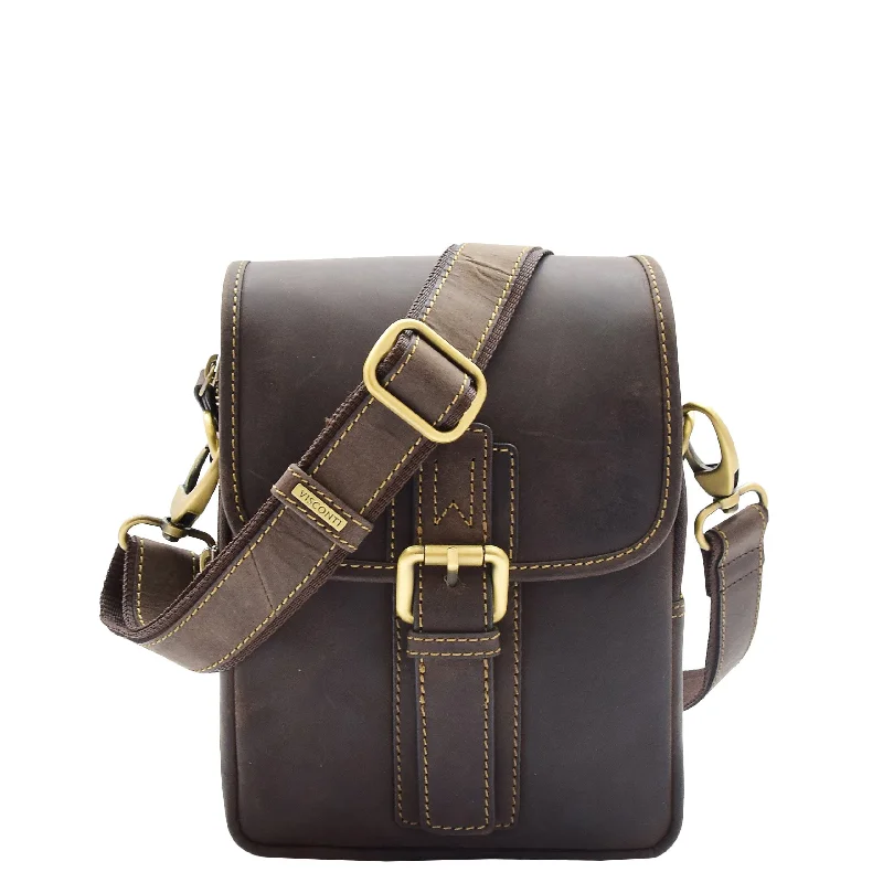 Crossbody with zipper closure-Mens Trendy Smart Crossbody Bag Genuine Leather Messenger Lucas Brown