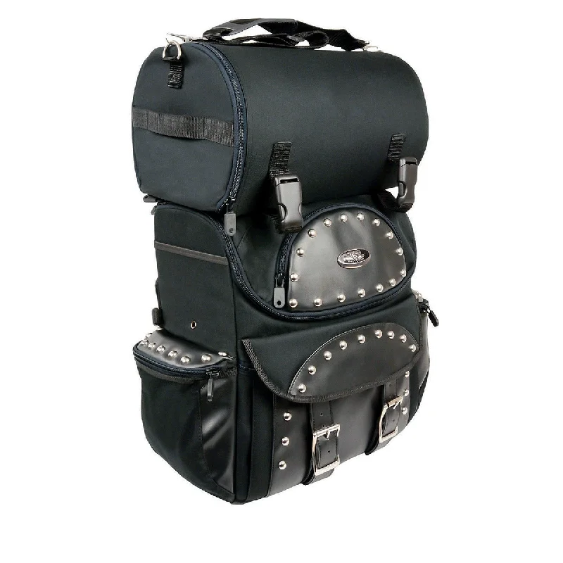 Bag for international travel-Milwaukee Leather SH602S Medium Black Textile Two Piece Studded Touring Sissy Bar Motorcycle Bag