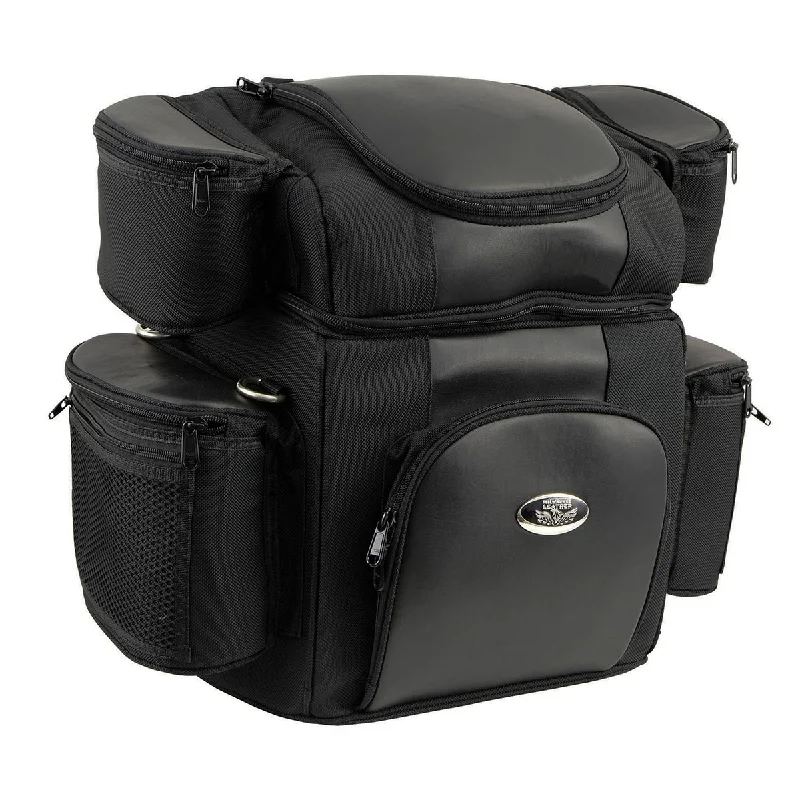 Bag for overnight trips-Milwaukee Leather MP8180 Medium Black '5 Pocket' Motorcycle Textile Double Barrel Sissy Bar Bag