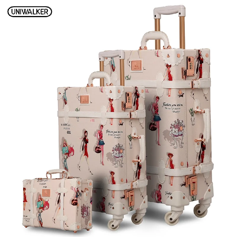 Suitcase for pet gear-travel-friendly suitcase for kids-12" 20" 26" 3Pcs Set Fashion Girl Retro Rolling Luggage Bagages Pu Suitcase Trunk Vintage