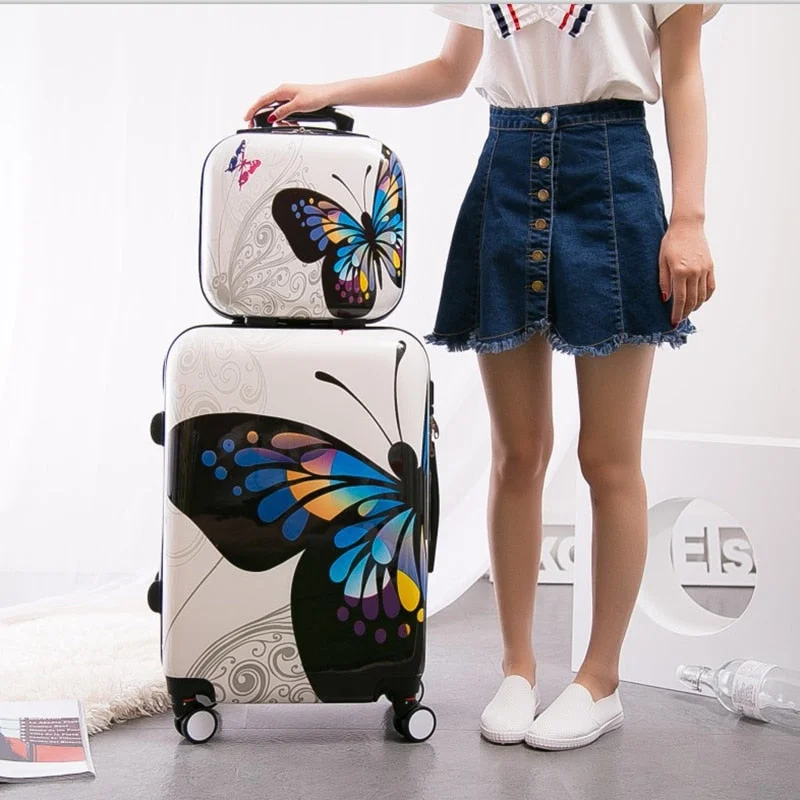 Suitcase with vented slots-hard case suitcase with compartments-14 20Inch(2 Pieces/Set)Girl Pc Butterfly Trolley Luggage Set,Woman Fashion Boarding Travel