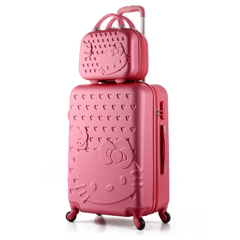 Suitcase with wild design-foldable suitcase for travel-14+24 Inch Pink Women Cartoon Hello Kitty Suitcase Set,Spinner Rolling Luggage Sets,Trolley Luggage