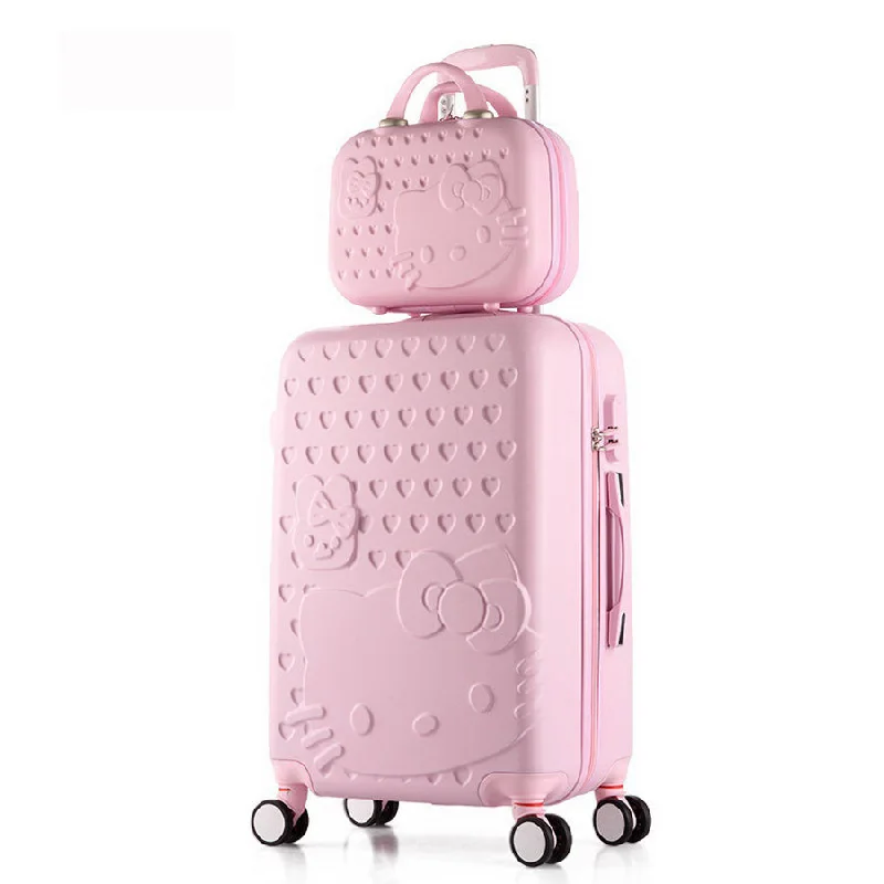 Suitcase with stretch straps-lightweight carry-on luggage suitcase-2 Pcs/Set Beautiful 14-Inch Hello Kitty Cosmetic Bag 20 24 28Inch Students Travel Luggage Trolley