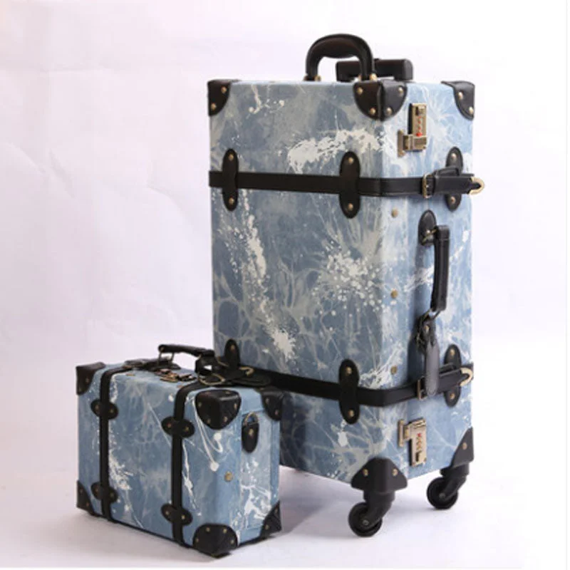 Suitcase with firm locks-travel luggage with zippered compartments-2018 Luggage Cowboy Material Suitcase Set Fashion Design 4 Wheels High Quality Free Shipping