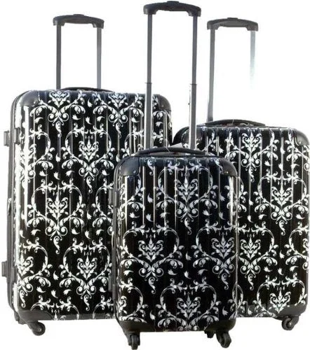 Suitcase for night gear-suitcase with security lock-3Pc Luggage Set Hard Rolling 4 Wheels Spinner Upright Travel Lightweight Damask