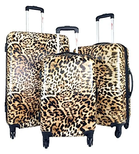 Suitcase with rear zipper-travel-friendly luggage suitcase-3Pc Luggage Set Hardside Rolling 4Wheel Spinner Carryon Travel Case Poly Leopard