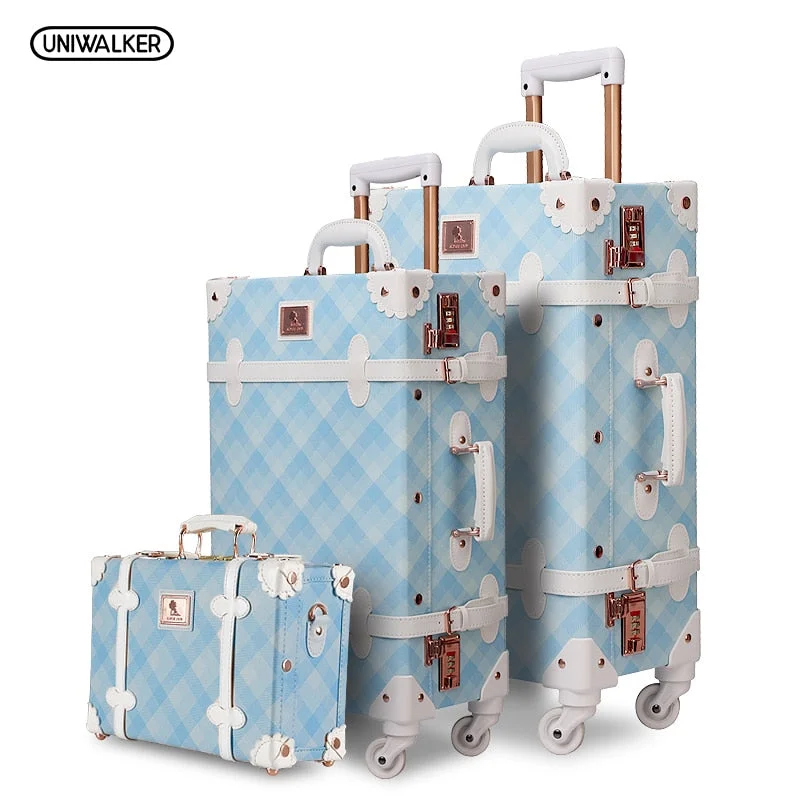 Suitcase with soft grip-business suitcase for overnight trips-3Pcs/Set Spinner Luggage Set Vintage Print Suitcase Pu Leather Water-Resistant Upright Travel