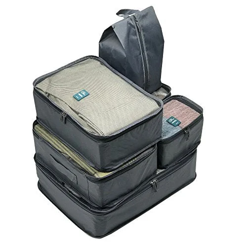 Suitcase with side wheels-hard-shell cabin luggage-6 Set Packing cubes Travel luggage Organizer Waterproof Mesh Lightweight Suitcase storage bag Clothing Laundry Bag Shoe Bag (Grey)