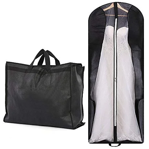 Suitcase with multiple compartments-luxury suitcase-70" Bridal Wedding Gown Garment Bag Extra Large Foldable Portable Travel Dress Cover Hanging Luggage with Pockets for Womens, 8" Gusseted Black