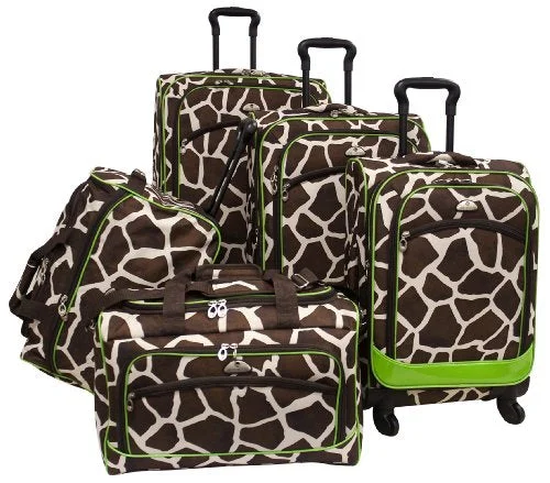 Suitcase with soft lining-suitcase for weekend trip-American Flyer Luggage Animal Print 5 Piece Spinner Set, Giraffe Green, One Size