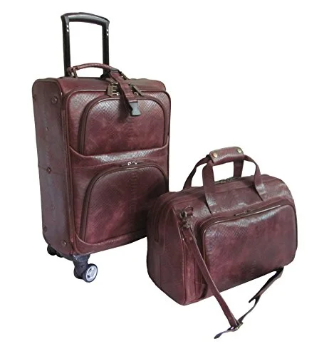 Suitcase with top lid-best suitcase with side pockets-Amerileather Brown Leather Python-Print Two Piece Set Traveler On Spinner Wheels (#8702-7)