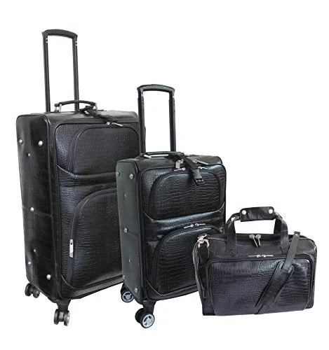 Suitcase with calm style-travel luggage with lock and wheels-Amerileather Leather Croco-Print Three Piece Set Traveler On Spinner Wheels (#8603-0) (Black)