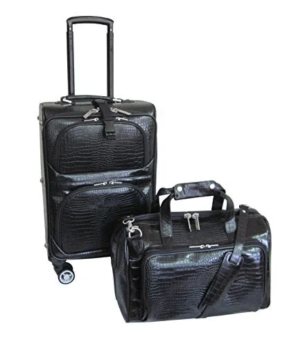 Suitcase with dry zipper-professional travel suitcase-Amerileather Leather Croco-Print Two Piece Set Traveler On Spinner Wheels (#8602-0) (Black)