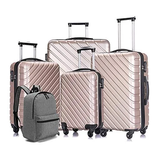 Suitcase with sleek shape-suitcase with exterior compartments-Apelila 5 Piece Luggage Sets,Travel Suitcase Spinner Hardshell Lightweight w/Free Suitcase Cover& Hanger (4PC Champagne Gold With Bag)