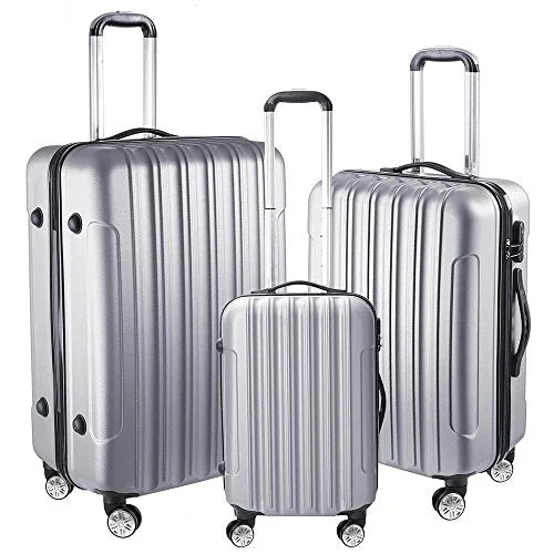 Suitcase with tight seams-kids-friendly rolling suitcase-Aw 3 Piece Luggage Set 20" 24" 28" Silver Rolling Travel Case Lockable Abs Suitcase Trip