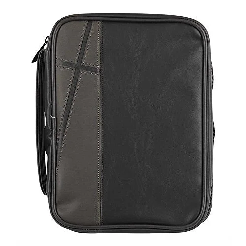 Suitcase with air lining-lightweight suitcase for all travelers-Black And Gray Cross Leather Look Bible Cover Case With Handle Large