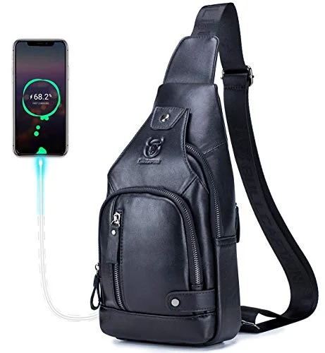 Crossbody bag with quick access-BULLCAPTAIN Men Sling Crossbody Bag with USB Charging Port Genuine Leather Shoulder Chest Bag Travel Hiking Backpack (Black)