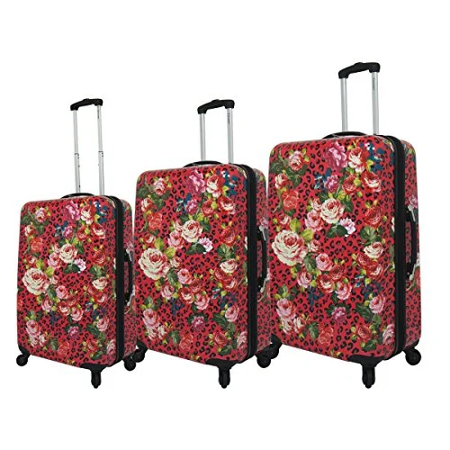 Suitcase with comfy padding-luggage suitcase with travel pouch-Chariot Leopard Flowers 3-Piece Hardside Upright Spinner Luggage Set, Pink