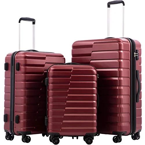 Suitcase for yoga equipment-travel suitcase with built-in charger-COOLIFE Luggage Expandable Suitcase PC+ABS 3 Piece Set with TSA Lock Spinner Carry on new fashion design (wine red, 3 piece set)