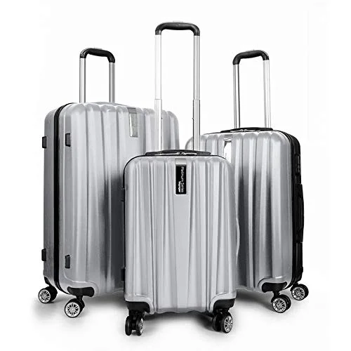 Suitcase for snack storage-kids suitcase with wheels-Deco Gear Travel Elite Series - 3 Piece Hardside Spinner Luggage Set (Silver)(20",24",28")