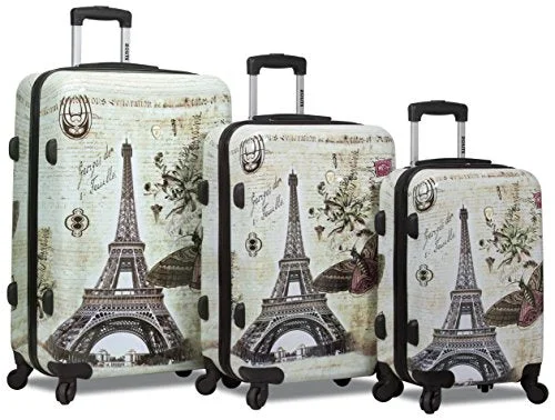 Suitcase for overnight gear-stylish rolling suitcase-Dejuno 3-Piece Printed Lightweight Hardside Spinner Upright Hard Case Luggage Set - Paris Stamp