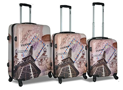 Suitcase for beauty products-rugged suitcase for adventure-Dejuno 3-Piece Printed Lightweight Hardside Spinner Upright Hard Case Luggage Set - Paris Stamp