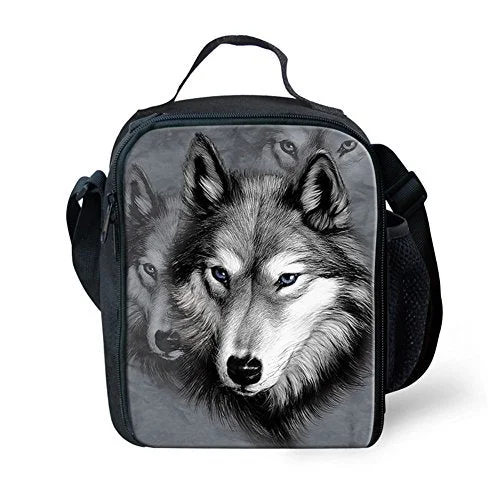 Suitcase for outdoor trips-ergonomic suitcase-Doginthehole Wolf Face Prined Cool Kids Lunch Bags Lunch Box With Bottle Holder