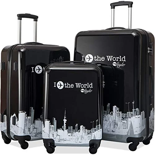 Suitcase for textbooks-soft-side carry-on suitcase-Flieks Graphic Print Luggage Set 3 Piece ABS + PC Spinner Travel Suitcase (Around the World)